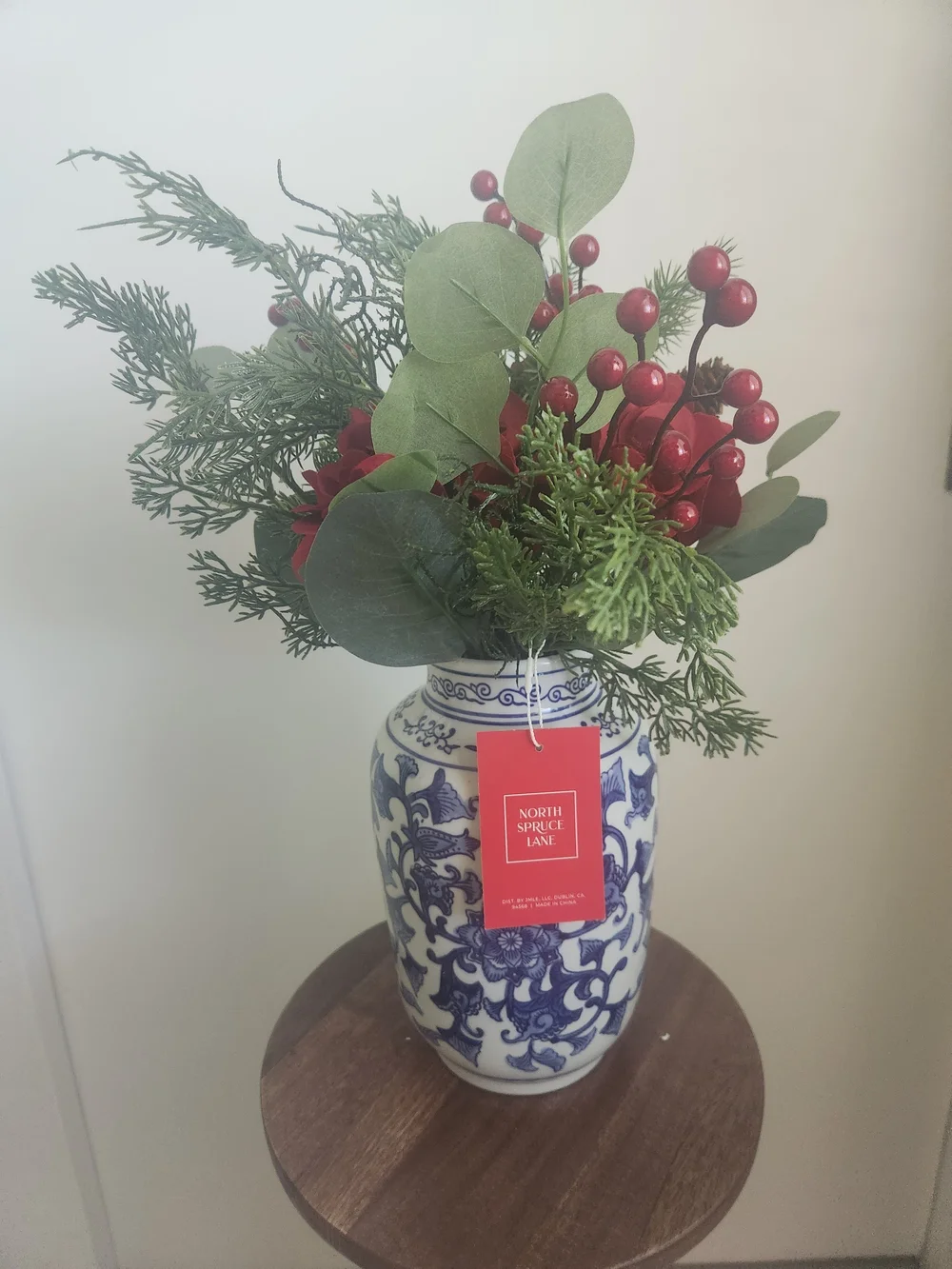 Blue and White Chinoiseire Ceramic Ginger Jar Vase with Holiday Pine Arrangement